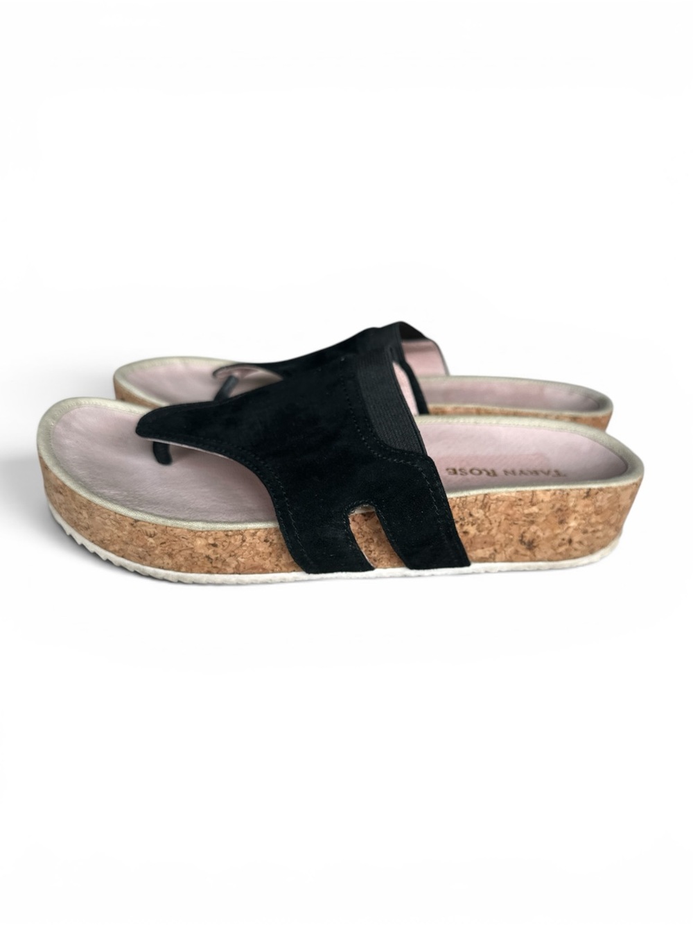 Taryn Rose Black Suede Cork Wedge Thong Sandals with Pink Insole - Picture 4 of 7